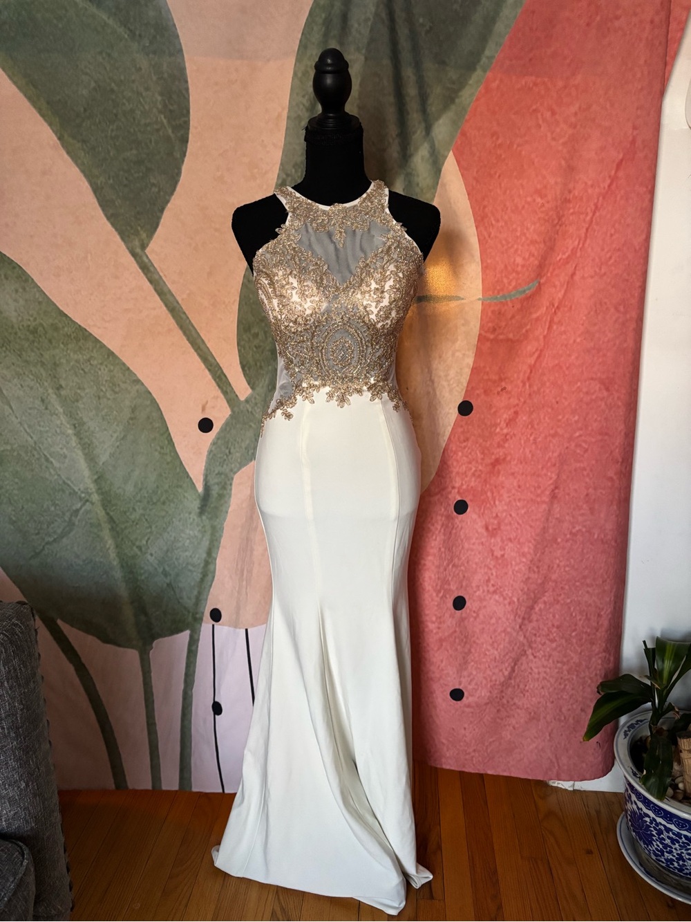 New Ivory Evening Gown with Gold Embellished Bodice